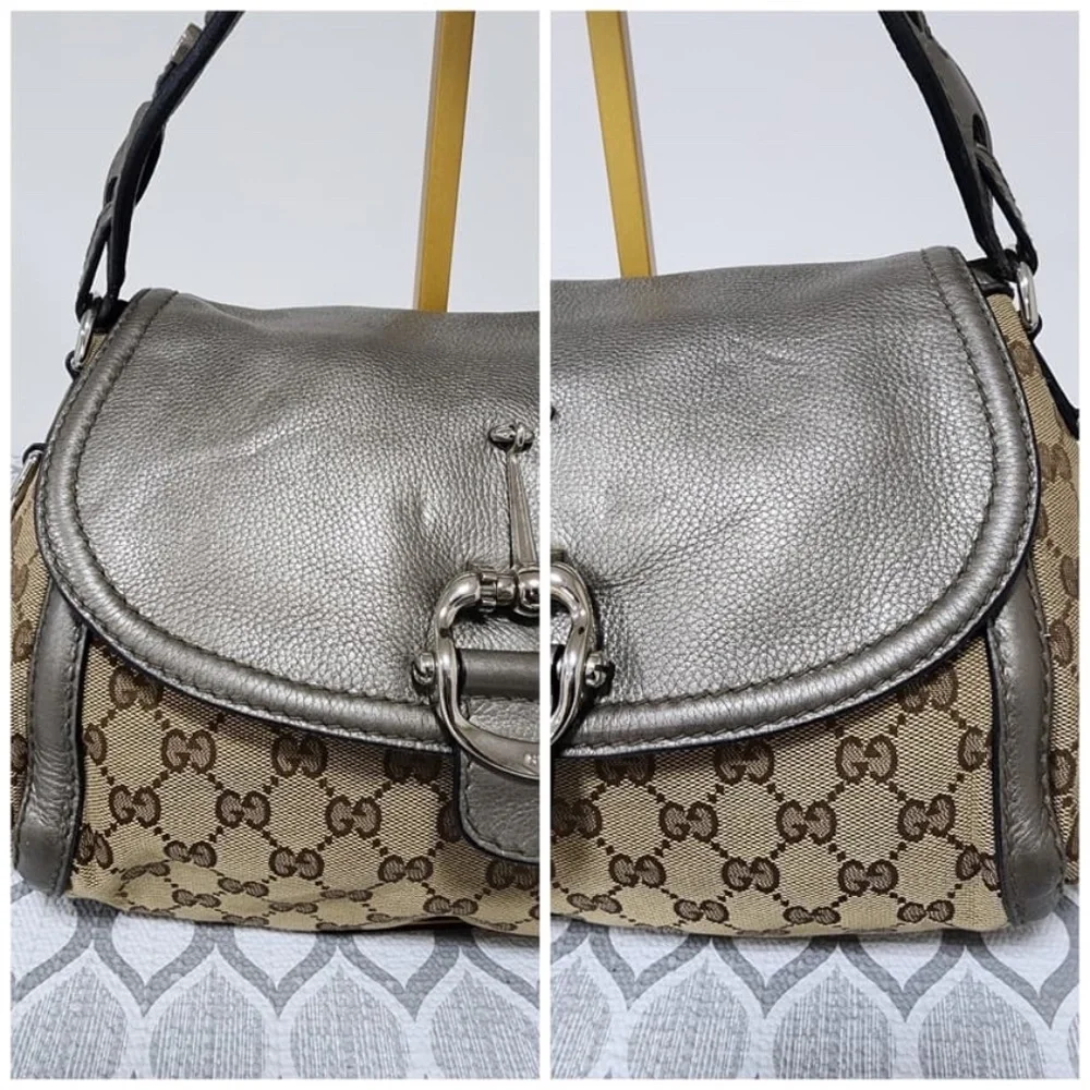 Authentic Gucci Medium GG Canvas Techno Horsebit Flap Hobo Bag Grey/Beige